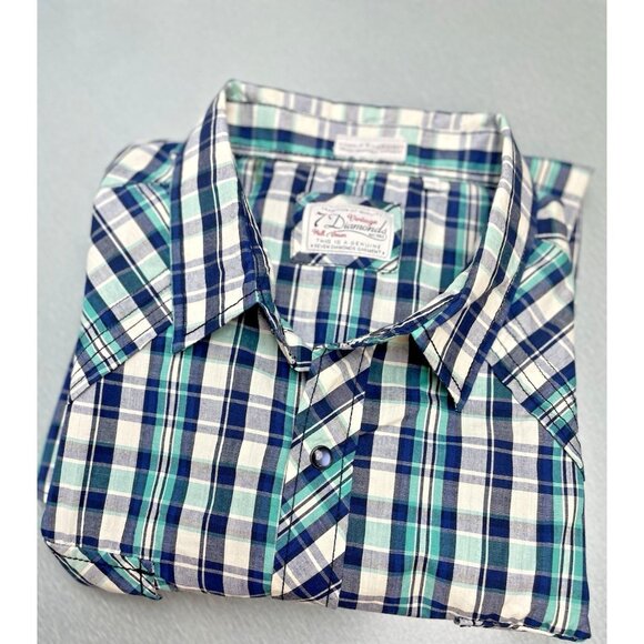 7 Diamonds Shirt Mens XXL Pearl Snap Short Sleeve Plaid Western Retro Green/Blue - Picture 3 of 15